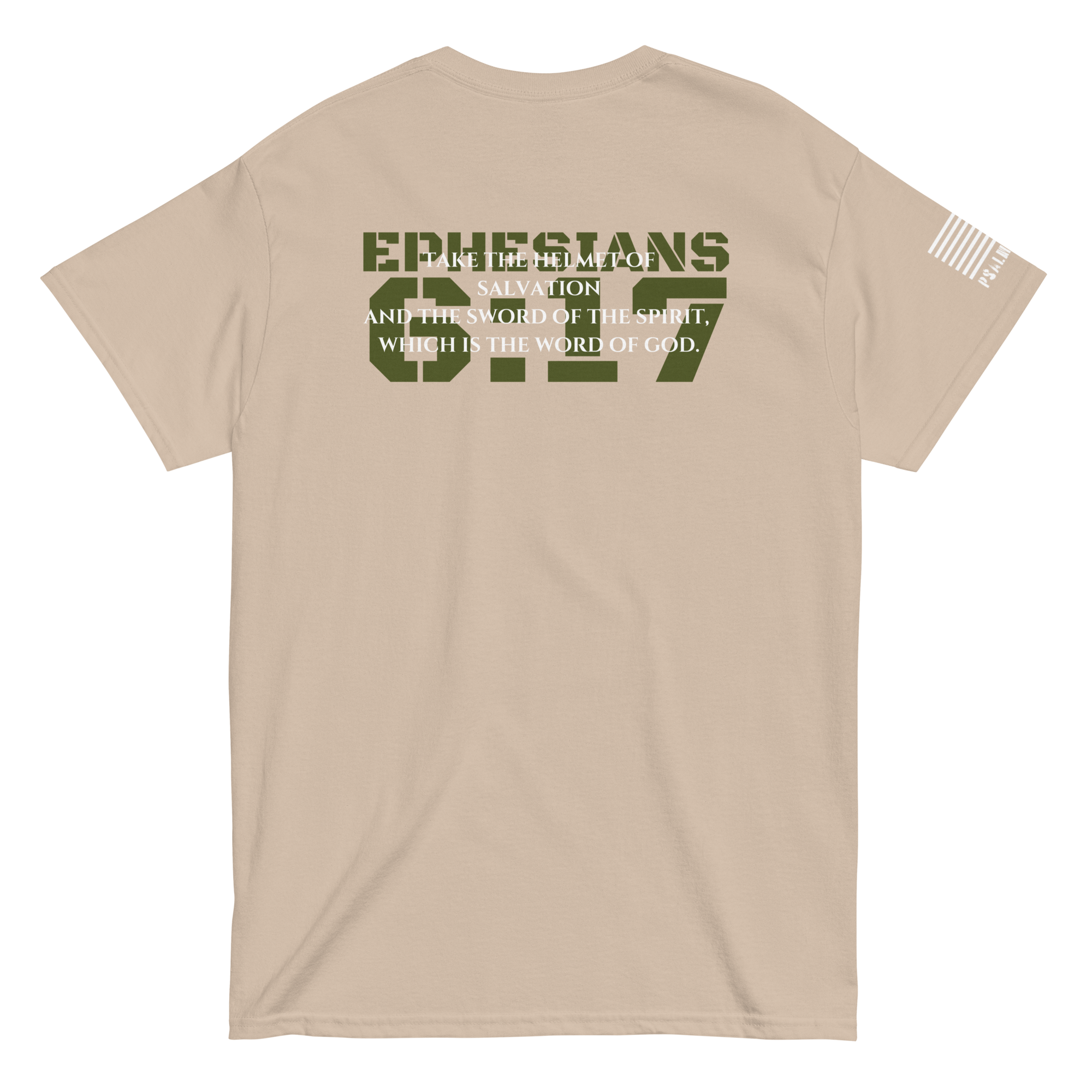 Ephesians 6:17 minimalist tee from FFO’s Narrow Path Collection — features scripture-only back print: ‘Take the helmet of salvation and the sword of the Spirit, which is the word of God.’”